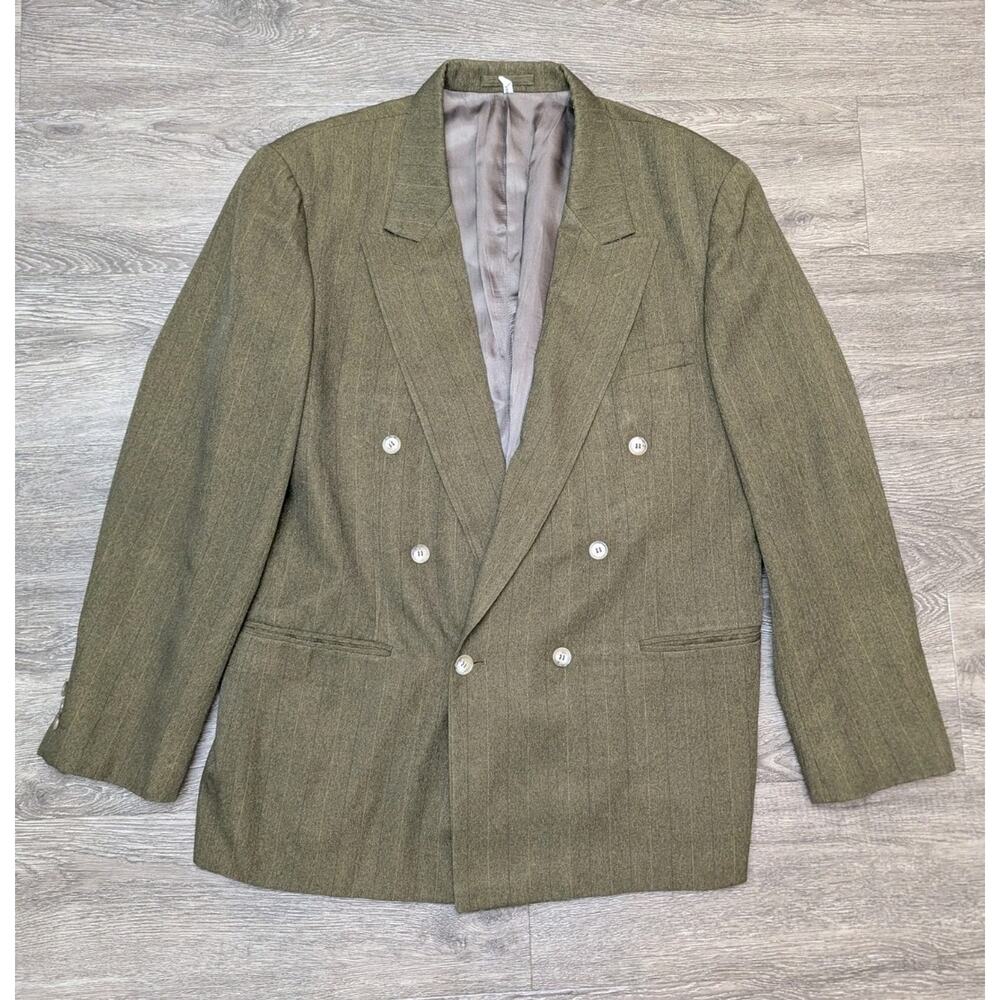 Vintage Bonelli Olive Green Power Suit SZ 44R Double Breasted Blazer